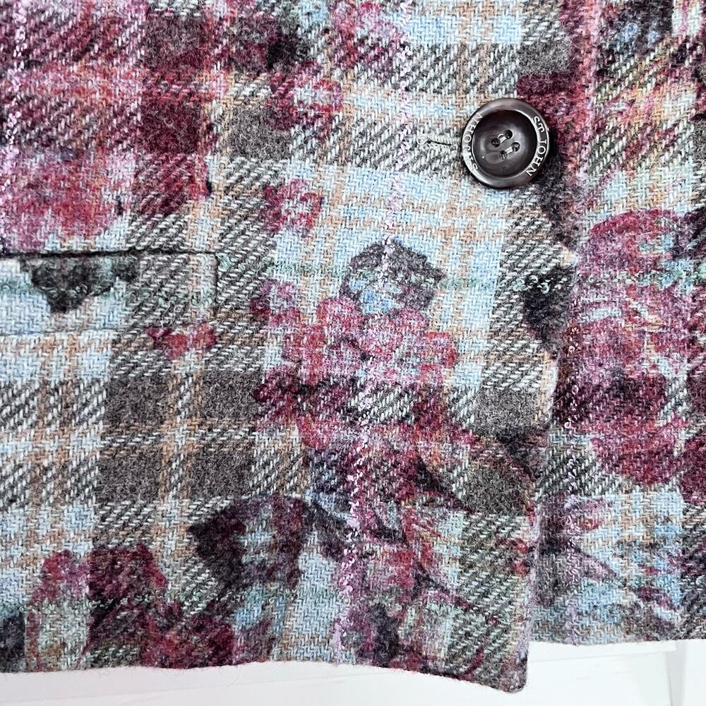 St. John Sport Plaid Wool Blend Floral Embroidered Collared Jacket Size Medium - Picture 10 of 15